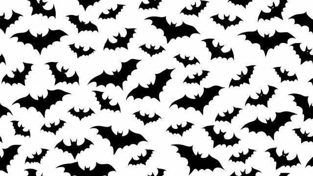 The artwork features numerous black bats soaring across a stark white backdrop, perfect for Halloween-themed decor or festive designs. This vibrant pattern evokes a playful spookiness