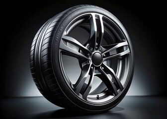 Obraz premium Close-up of a sleek, high-performance car wheel featuring a black alloy rim, low-profile tire, and intricate lug nut details, set against a dark background.