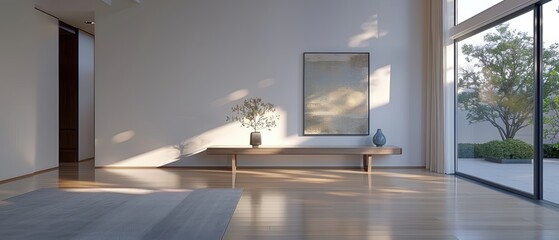 Serene Minimalist Dining Room with Single Table and Simple Centerpiece