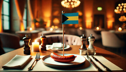 A single sausage on a plate with a small Bahamas flag in a cozy, dimly lit restaurant setting, symbolizing cuisine and culture in a refined dining atmosphere