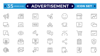 Advertisement Outline icon set with practice, technique, attention, product, service, spotlight, drawing, consumers, and promotion.  Editable stroke outline icon. 