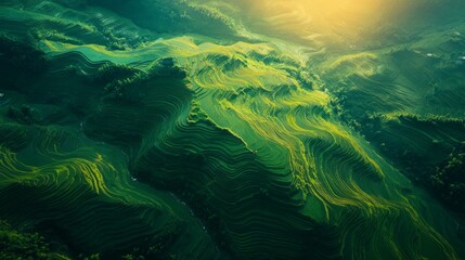 Obraz premium A lush green hillside with a river running through it