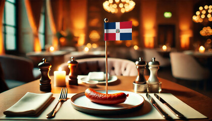 A single sausage on a plate with a small Dominican Republic flag in a cozy, dimly lit restaurant setting, symbolizing cuisine and culture in a refined dining atmosphere