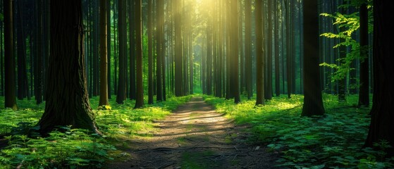 Obraz premium Serene Forest Trail: Tranquil Image of Sunlit Path Through Tall Trees in Minimalist Style