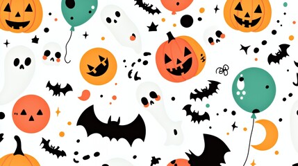 A festive Halloween-themed pattern featuring ghosts, pumpkins, bats, and balloons.