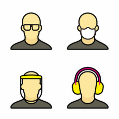 Set icons of a person wear the personal protective equipment. Earmuff, face shield, dust mask, and safety glasses. Isolated with thick outline of vector illustration.