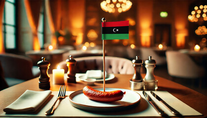 A single sausage on a plate with a small Libya flag in a cozy, dimly lit restaurant setting, symbolizing cuisine and culture in a refined dining atmosphere