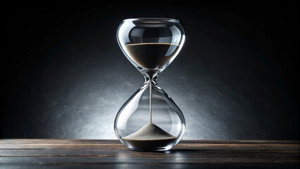 An hourglass with fine sand flows steadily between its clear glass chambers, resting on a rustic wooden surface, surrounded by a softly illuminated backdrop
