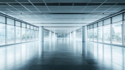 Empty Office Hallway with Glass Walls and Bright Lighting