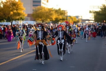 Dia de los Muertos Parade: A colorful and lively parade scene, with participants dressed as skeletons, honoring the Day of the Dead tradition