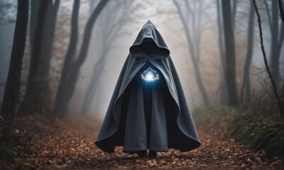 A figure in a hooded cloak walks through a misty forest, holding a glowing orb