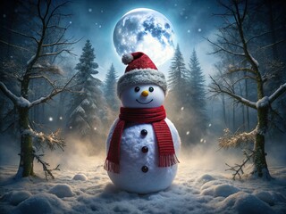 Obraz premium Low-key dramatic portrait of a snowman icon wearing a Santa hat and scarf in a snowy forest with misty fog and frosty branches under moonlight