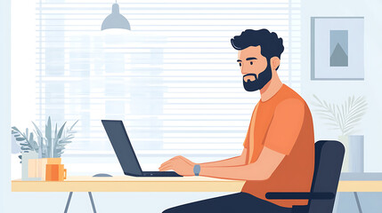 A determined businessman working remotely from his home office, using a laptop. He is focused and efficient in his telecommuting role. 