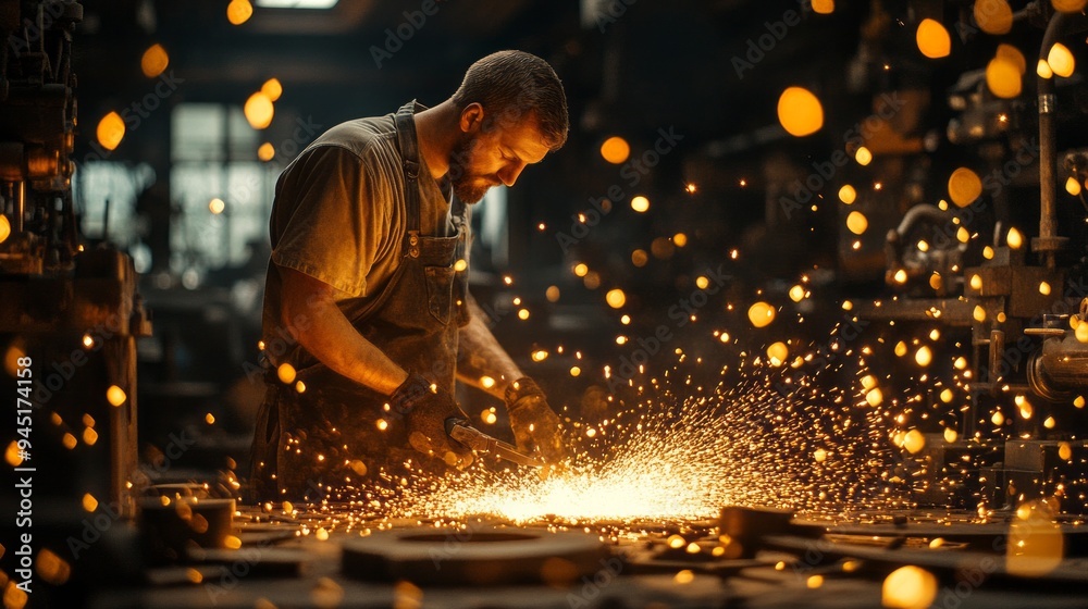 Poster a man is working in a factory with sparks flying around him