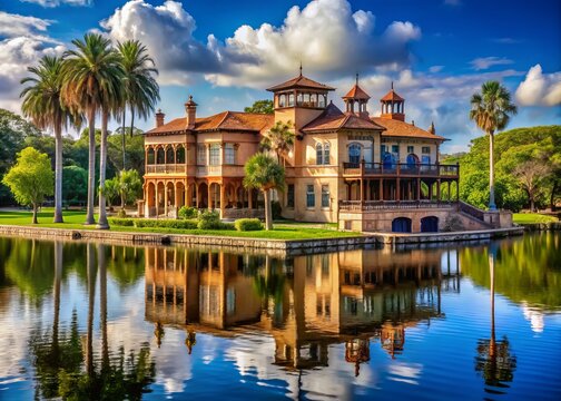 a photo image of a majestic Victorian-style mansion with intricate wooden details, overlooking a serene lake in Sarasota's Ringling Museum grounds