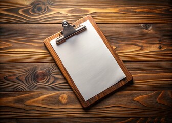 Fototapeta premium Elegant clipboard on richly grained wooden tabletop with sophisticated atmosphere