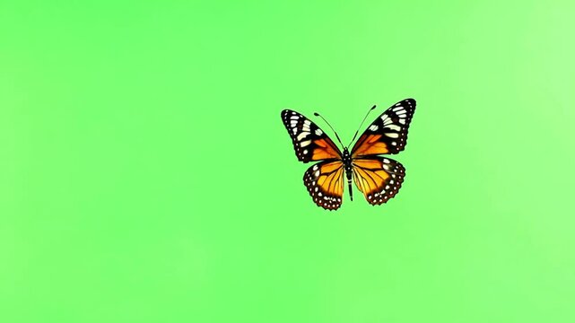 A beautiful butterfly flying and sits green screen background. Moving wings on green screen 4k video