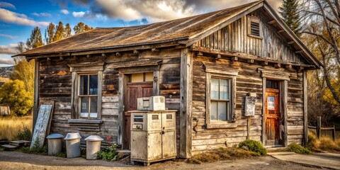 Photo image of a worn, small-town post office with a faded mailbox and a cancelled postage stamp surrounded by old newspapers and forgotten letters.