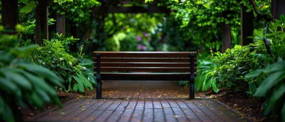 Obraz premium Serene Garden Retreat: Minimalist Image of Tranquil Outdoor Space with Stone Path, Lush Greenery, and Wooden Bench