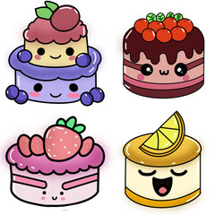 set of cute little cakes Set of cute sweet food desserts sticker icon in kawaii style illustration