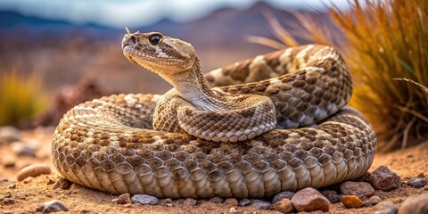 Fototapeta premium Coiled western diamondback rattlesnake displaying menacing posture, raised body, and vibrating tail, blending into arid desert terrain with rocky outcroppings and scarce vegetation.