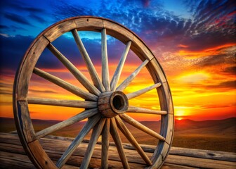 photo image of a rustic wooden wagon wheel, made up of thin vector lines, against a gradient blue and orange sunset sky