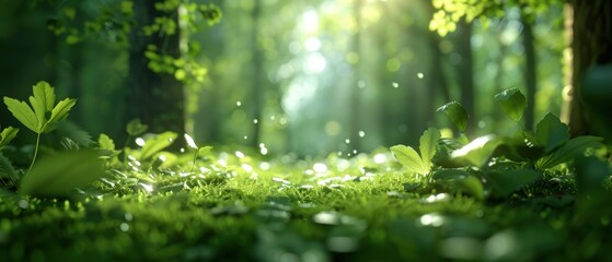 Fototapeta premium Serene Forest Path: Minimalist Shot of Tranquil Woodland with Tall Trees and Sunlight Streaming Through Canopy
