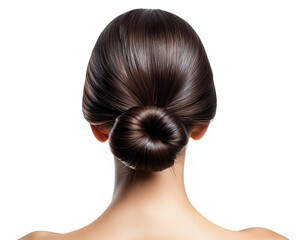 Fototapeta premium Glamorous brunette woman with chignon hair, showcasing her elegant hairstyle.