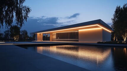 Obraz premium Modern Minimalist Building with Reflecting Pool at Dusk