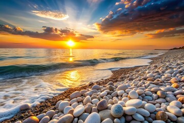 Obraz premium a photo image of soft white pebbles scattered along the serene and peaceful shore at sunset
