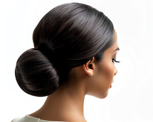 Glamorous brunette model with bun hair and flawless skin