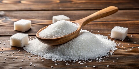 Xylitol crystals glisten alongside granulated sugar on a wooden background, highlighting the distinct textures and subtle difference in appearance between the two sweeteners.
