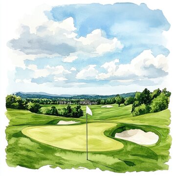 A serene watercolor landscape featuring a golf course with lush greens and fluffy clouds, evoking relaxation and outdoor beauty.