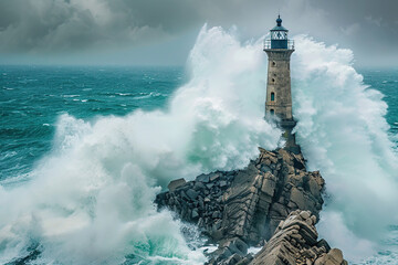 Generative ai on theme of large retro lighthouse with beam of bright light shining out to blue sea © Olegarx525