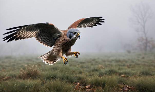 A kestrel glides through the foggy morning air, its wings outstretched in a graceful dive
