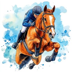 Dynamic illustration of a rider jumping over an obstacle on a horse, capturing the thrill of equestrian sports in vibrant colors.