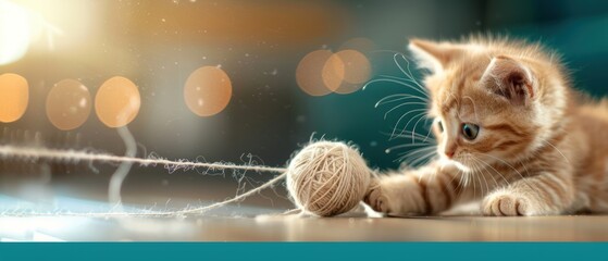 Adorable Fluffy Kitten Playing with Yarn Ball on Wooden Floor