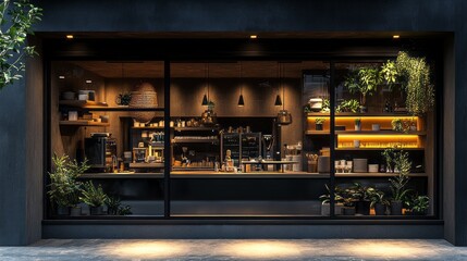 A window display of a cafe with a green plant in the window