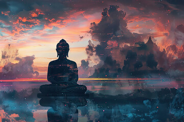 Beautiful greeting card with ancient statue great Buddha to bright holiday composition