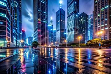 Fototapeta premium A photo image of a cityscape at night with a grid of neon streetlights reflected in the wet pavement, surrounded by towering skyscrapers.