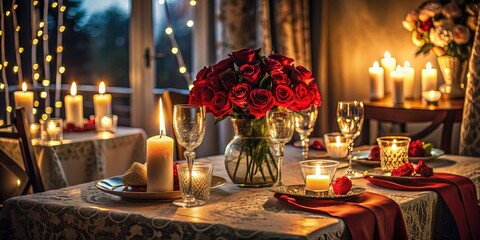 Dramatic low-key lighting bold red roses romantic candlelit dinner stylish glassware elegant lace table runner intimate conversation quiet reflection luxurious velvet drapes
