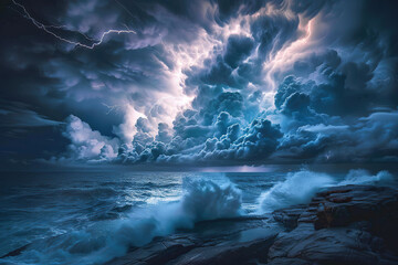 Fototapeta premium Generative ai on theme of scary bright electric lightning bolt with branches in the night dark sky
