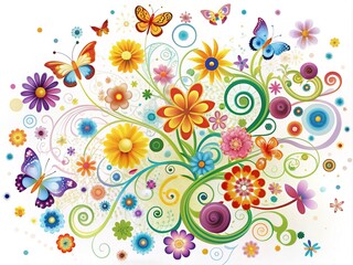 Fototapeta premium Colorful assorted decorations, including flowers, butterflies, and swirls, scattered across a crisp white background, adding a touch of whimsy and elegance to any design.