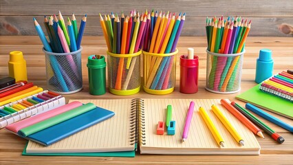 Fototapeta premium Colorful array of neatly organized educational supplies, including pens, pencils, rulers, glue sticks, and notebooks, on a tidy wooden desk against a neutral background.
