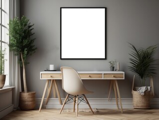 Fototapeta premium Minimalist Home Office with a Blank Framed Canvas