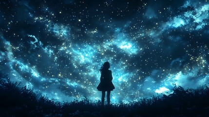 Obraz premium Silhouette of a Girl Looking at the Stars.