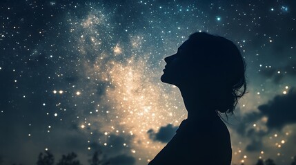 Silhouette of a Woman Gazing at the Starry Night Sky.