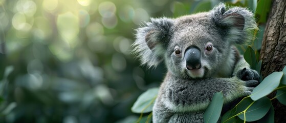 Fototapeta premium Mother koala and baby clinging in eucalyptus tree - Adorable wildlife moment in the wild