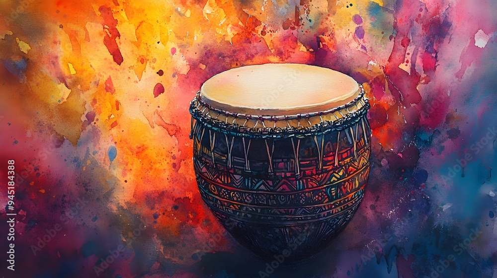 Canvas Prints watercolor drum with colorful abstract background.