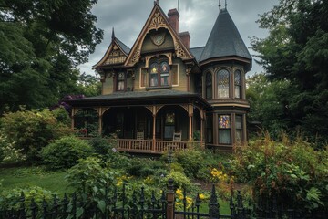 Fototapeta premium A beautifully designed Victorian house surrounded by lush gardens and intricate architecture.